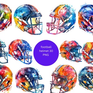 30 Football Helmets Watercolor Clipart, Sports Clipart, PNG digital files on transparent background, sublimation, commercial use