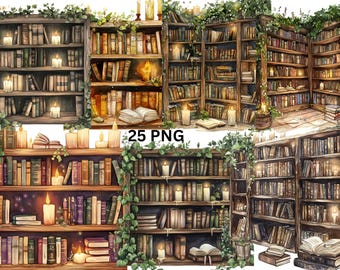 25 Antique Libraries Watercolor Clipart, PNG individual images on transparent background, sublimation