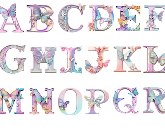 Pastel Butterflies alphabet, butterflies letter instant download for commercial use, High resolution, 12x12