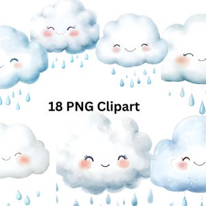 18 Happy Rainy Clouds Clipart, Whimsical Clipart, PNG individual images on transparent background, sublimation