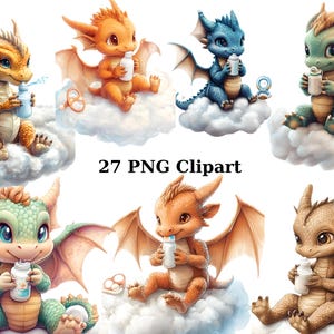 May include: A set of 27 digital clipart images featuring cute baby dragons in various colors, holding bottles and sitting on clouds. The images are perfect for crafting projects, scrapbooking, and digital design.