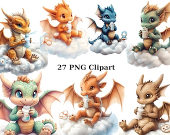May include: A set of 27 digital clipart images featuring cute baby dragons in various colors, holding bottles and sitting on clouds. The images are perfect for crafting projects, scrapbooking, and digital design.