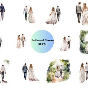 28 Braut und Bräutigam Aquarell Clipart, Hochzeitscliparts, PNG-Einzelbilder auf transparentem Hintergrund, Sublimation, kommerzielle Nutzung