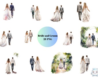 28 Bride and Groom Watercolor Clipart, Wedding Clipart, PNG individual images on transparent background, sublimation, commercial use