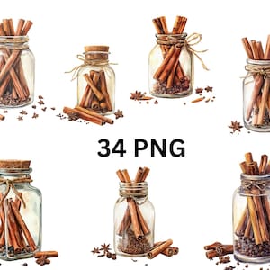 34 PNG on transparent background Clipart Set - Watercolor Cinnamon Sticks in Jars with Star Anise and Spices for Fall and Winter Projects