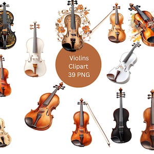 May include: A collection of 39 digital clipart images of violins in various styles and colors. The violins are isolated on a white background. The text "Violins Clipart 39 PNG" is displayed in a brown circle.
