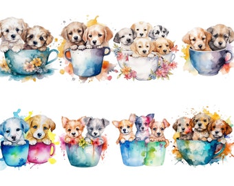 Watercolor Puppies in Cups Clipart, PNG digital images, transparent background, high quality, 12x12, commercial use, instant download