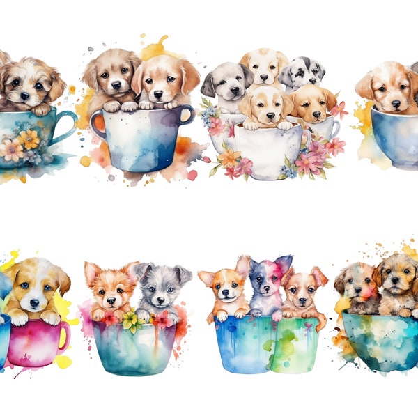 Watercolor Puppies in Cups Clipart, PNG digital images, transparent background, high quality, 12x12, commercial use, instant download