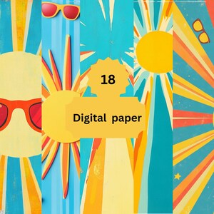 Pacchetto di carta digitale Retro Sunburst, sfondi estivi luminosi con occhiali da sole e sole, 18 fogli colorati audaci