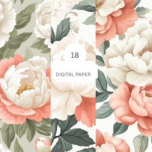 Peony Floral Digital Paper Pack - Romantic Pastel Flowers and Leaves Backgrounds for Wedding Crafts - 18 Sheets