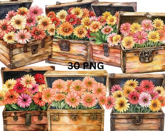 May include: Six vintage wooden treasure chests with ornate metal accents, each filled with a bouquet of pink, orange, and yellow gerbera daisies.