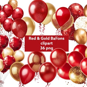 Globos rojos y dorados, fondo transparente, alta calidad, clipart, 12x12, uso comercial