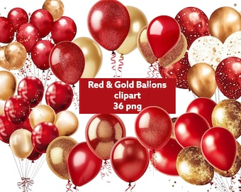 Rode en gouden ballonnen, transparante achtergrond, hoge kwaliteit, clipart, 12x12, commercieel gebruik