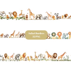 32 Safari Borders Acuarela Clipart, Border Clipart, imágenes individuales PNG sobre fondo transparente, sublimación