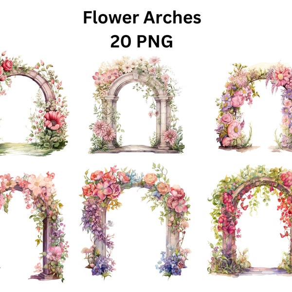 Flower Arches Watercolor Clipart,  Flowers PNG, Wedding Clipart, transparent background, commercial use