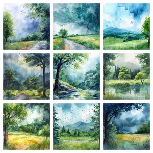 May include: A digital painting of nine different watercolor landscapes depicting a rainy day. Each scene features lush green trees, rolling hills, and a cloudy sky with rain falling. The scenes are painted in a realistic style with soft, muted colors.