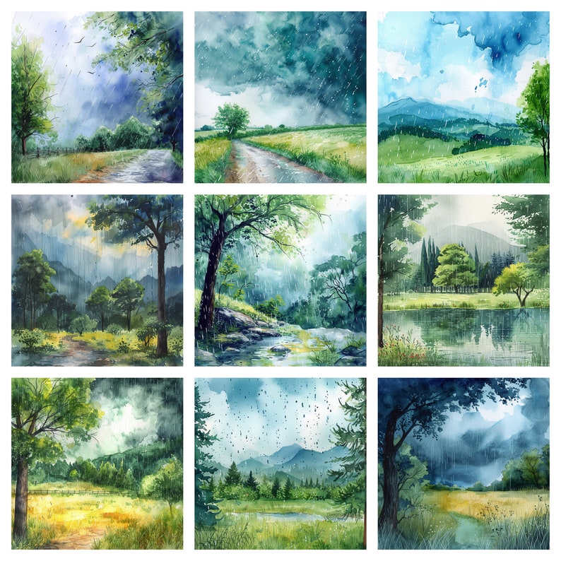 May include: A digital painting of nine different watercolor landscapes depicting a rainy day. Each scene features lush green trees, rolling hills, and a cloudy sky with rain falling. The scenes are painted in a realistic style with soft, muted colors.