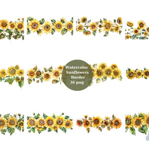 36 bordures tournesol aquarelle Clipart, Clipart Floral, fichiers numériques PNG sur fond transparent, sublimation, usage commercial
