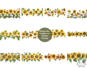 Könnte beinhalten: Aquarell-Sonnenblumen-Bordüren-Clipart-Set. 36 einzelne PNG-Dateien mit gelben Sonnenblumen mit grünen Blättern und Stielen. Perfekt zum Erstellen digitaler oder gedruckter Designs.