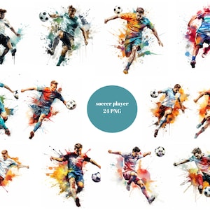 24 jogadores de futebol clipart aquarela, clipart de futebol, imagens individuais PNG em fundo transparente, sublimação, uso comercial
