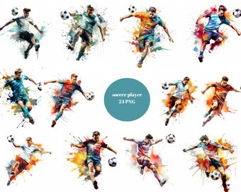 24 Imágenes prediseñadas de acuarela de jugadores de fútbol, imágenes prediseñadas de fútbol, imágenes individuales PNG sobre fondo transparente, sublimación, uso comercial