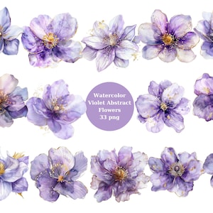 Aquarell violette abstrakte Blumen Clipart, PNG einzelne Bilder auf transparentem Hintergrund, Sublimation, kommerzielle Nutzung