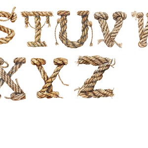 May include: Letters of the alphabet S through Z made from brown rope.