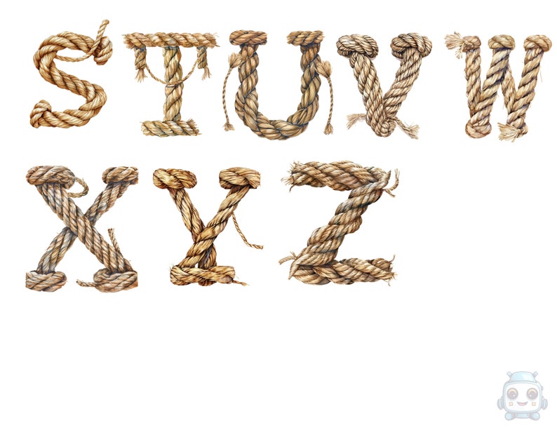 May include: Letters of the alphabet S through Z made from brown rope.