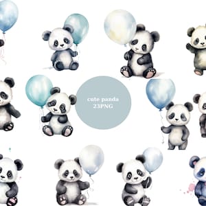 23 Imágenes prediseñadas de acuarela de panda lindo, imágenes prediseñadas para niños, animales lindos, imágenes individuales PNG sobre fondo transparente, sublimación