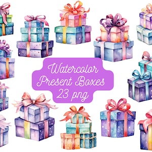 Aquarell Geschenkboxen Clipart, digitale PNG-Dateien auf einem transparenten Hintergrund, Scrapbook, Einladungen, kommerzielle Nutzung, sofortiger Download