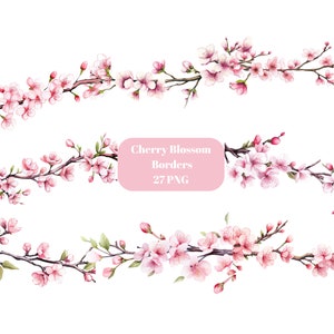 27 Cherry Blossom Borders Aquarell Clipart, Floral Clipart, PNG einzelne Bilder auf transparentem Hintergrund, Sublimation