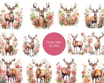12 Clipart floral de veado aquarela, clipart floral, imagens individuais PNG em fundo transparente, sublimação