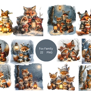 22 cliparts de familles de renard, clipart Noël, images individuelles PNG sur fond transparent, sublimation