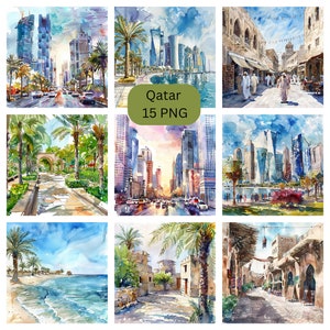 Aquarell Katar Clipart, Doha PNG Einzelbilder auf transparentem Hintergrund, Sublimation, kommerzielle Nutzung