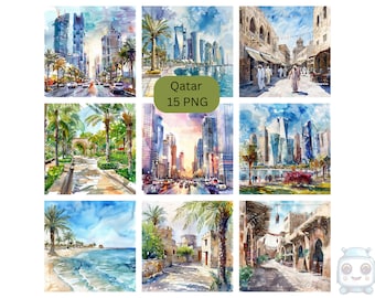 Watercolor Qatar Clipart, Doha PNG individual images on transparent background, sublimation, commercial use