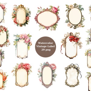 Acuarela Vintage Labels Clipart, imágenes individuales PNG sobre fondo transparente, sublimación, uso comercial