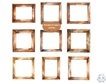 42 Rustic Wooden Frames Watercolor Clipart, Frames Clipart, PNG individual images on transparent background, sublimation