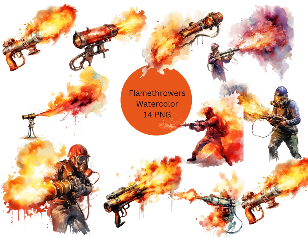 Watercolor Flamethrowers Clipart, PNG Digital Files on Transparent