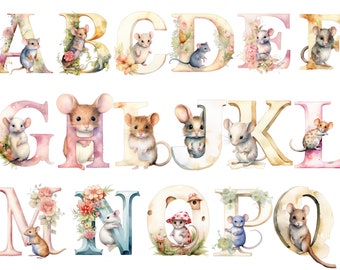 Watercolor Mouse Alphabet in PNG for commercial use instant download High resolution, 12x12, commercial use