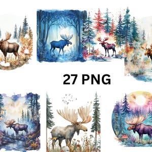 Collection de cliparts aquarelle orignal dans la forêt - 27 images PNG du majestueux orignal dans la nature, images individuelles PNG sur fond transparent