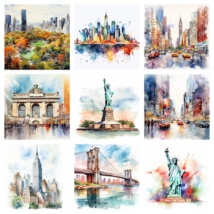 Aquarell New York City Clipart, PNG Dateien auf weißem Hintergrund, Scrapbook, Einladungen, kommerzielle Nutzung, sofortiger Download