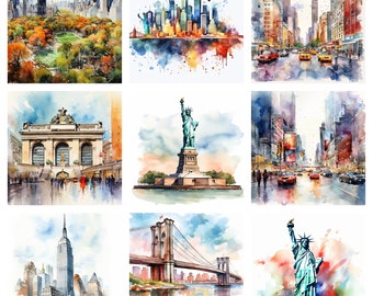 Watercolor New York City Clipart, PNG digital files on white background, scrapbook, invitations, commercial use, instant download