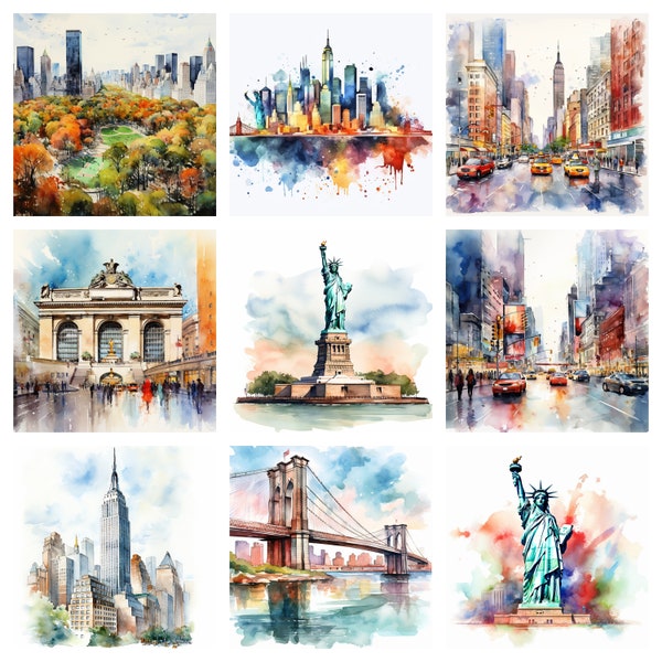 Aquarell New York City Clipart, digitale PNG-Dateien auf weißem Hintergrund, Scrapbook, Einladungen, kommerzielle Nutzung, sofortiger Download