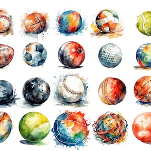 Balones deportivos de acuarela, 20 hermosas imágenes PNG, fondo transparente, alta calidad, imágenes prediseñadas, 12x12, uso comercial