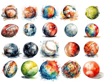 Watercolor Sports Balls, 20 beautiful PNG images, transparent background, high quality, clipart, 12x12, commercial use