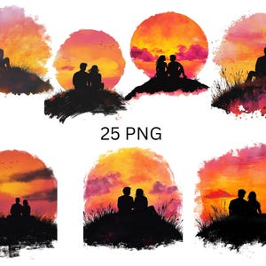 Siluetas de parejas al atardecer Clipart - 25 ilustraciones PNG de atardeceres románticos, imágenes PNG individuales sobre fondo transparente