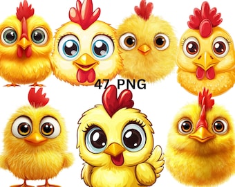 47 söta kyckling clipart set, kawaii kyckling PNG, gårdsdjursklistermärken, höna och tupp, digital nedladdning, transparent bakgrund