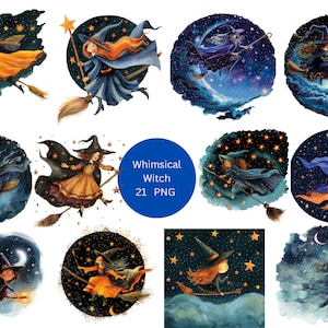 21 Whimsical Witches Watercolor Clipart, Halloween Clipart, PNG individual images on transparent background, sublimation, commercial use