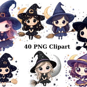 40 Clipart de Bruxas Fofas, Clipart de Halloween, Imagens PNG individuais em fundo transparente, sublimação