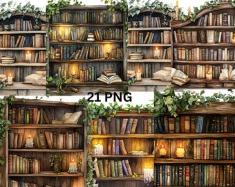 21 Old Libraries Watercolor Clipart, PNG digital files on transparent background, sublimation, commercial use